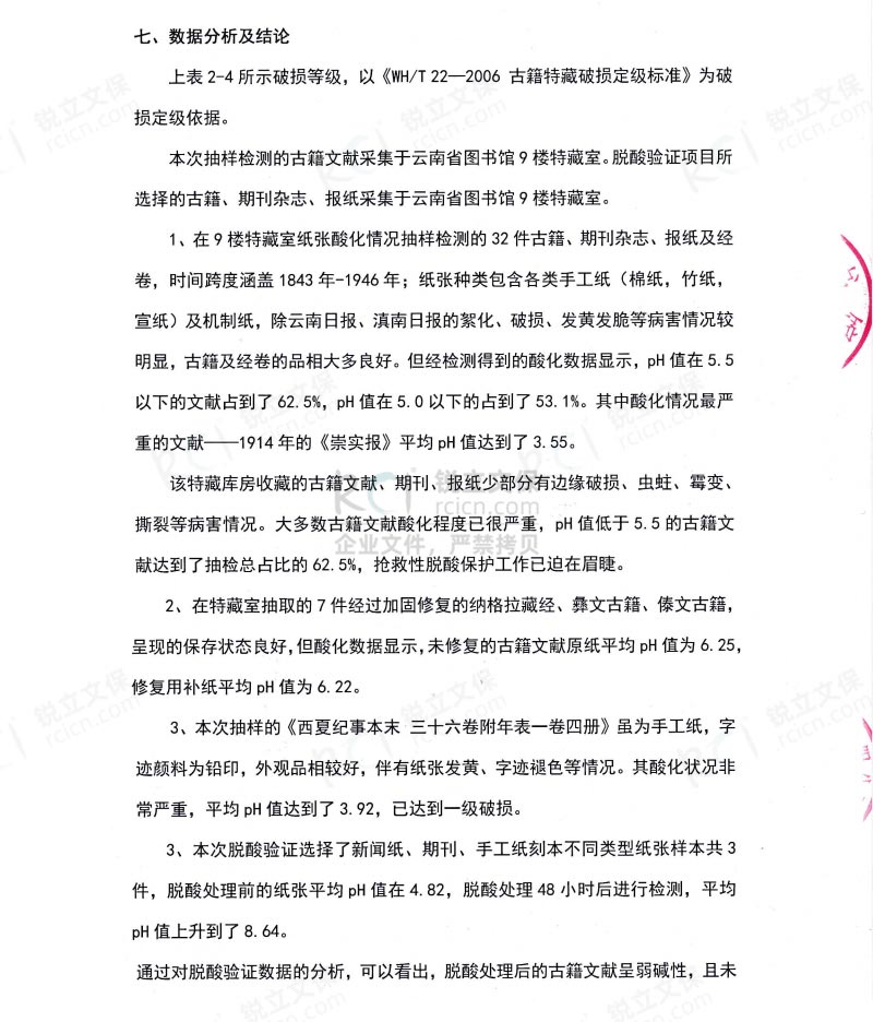 昆明图书馆古籍文献酸化调研及脱酸验证项目结案报告
